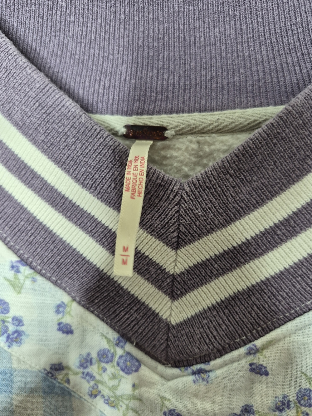 Free People Lucy Patchwork Gingham Floral Varsity V-Neck Sweatshirt Medium - Picture 8 of 15